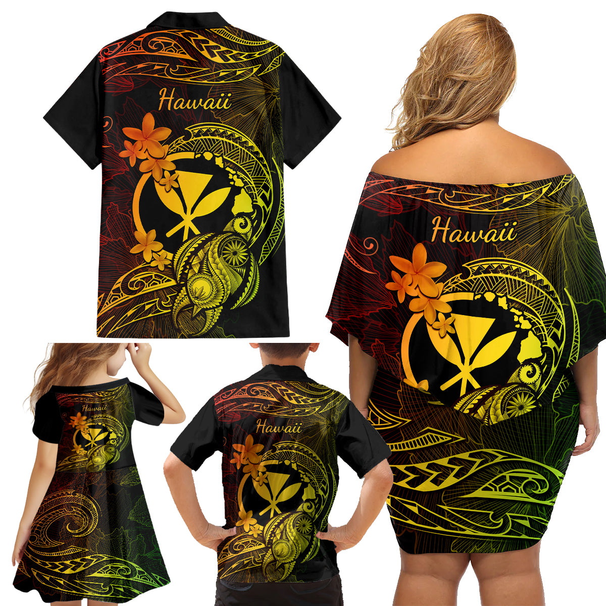 Hawaii Family Matching Off Shoulder Short Dress and Hawaiian Shirt Turtle Mix Polynesian Plumeria Reggae Version - Wonder Print Shop