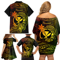 Hawaii Family Matching Off Shoulder Short Dress and Hawaiian Shirt Turtle Mix Polynesian Plumeria Reggae Version - Wonder Print Shop