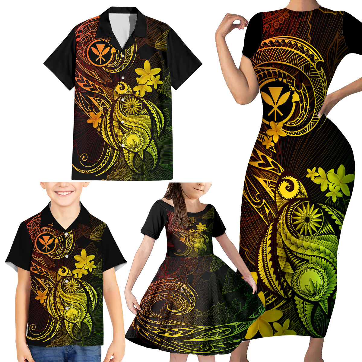 Hawaii Family Matching Short Sleeve Bodycon Dress and Hawaiian Shirt Turtle Mix Polynesian Plumeria Reggae Version - Wonder Print Shop