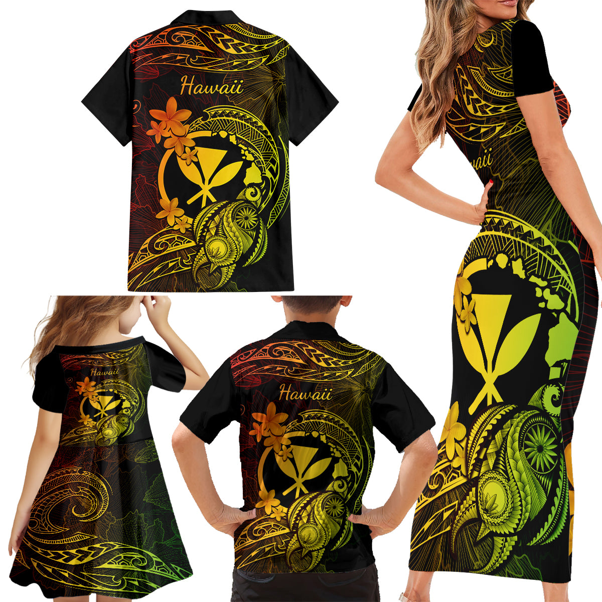 Hawaii Family Matching Short Sleeve Bodycon Dress and Hawaiian Shirt Turtle Mix Polynesian Plumeria Reggae Version - Wonder Print Shop