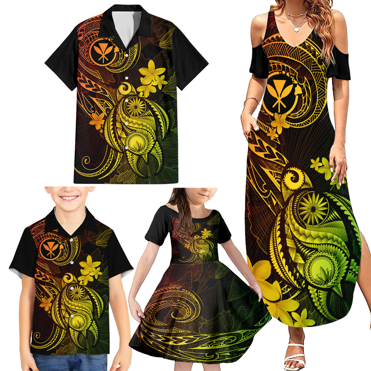 Hawaii Family Matching Summer Maxi Dress and Hawaiian Shirt Turtle Mix Polynesian Plumeria Reggae Version - Wonder Print Shop