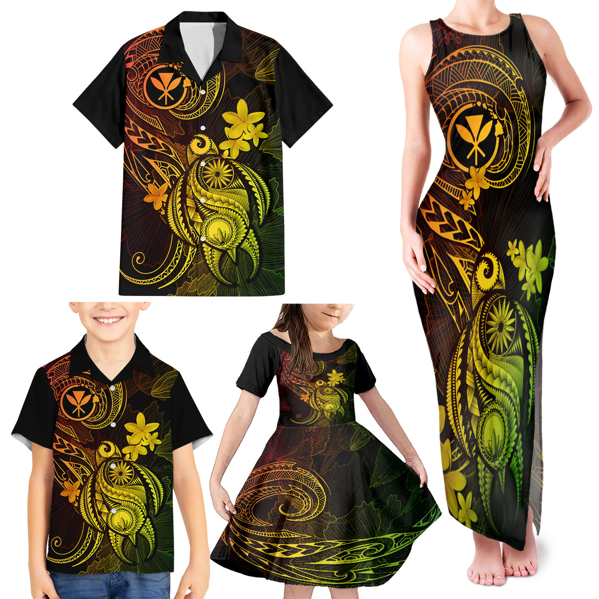 Hawaii Family Matching Tank Maxi Dress and Hawaiian Shirt Turtle Mix Polynesian Plumeria Reggae Version - Wonder Print Shop