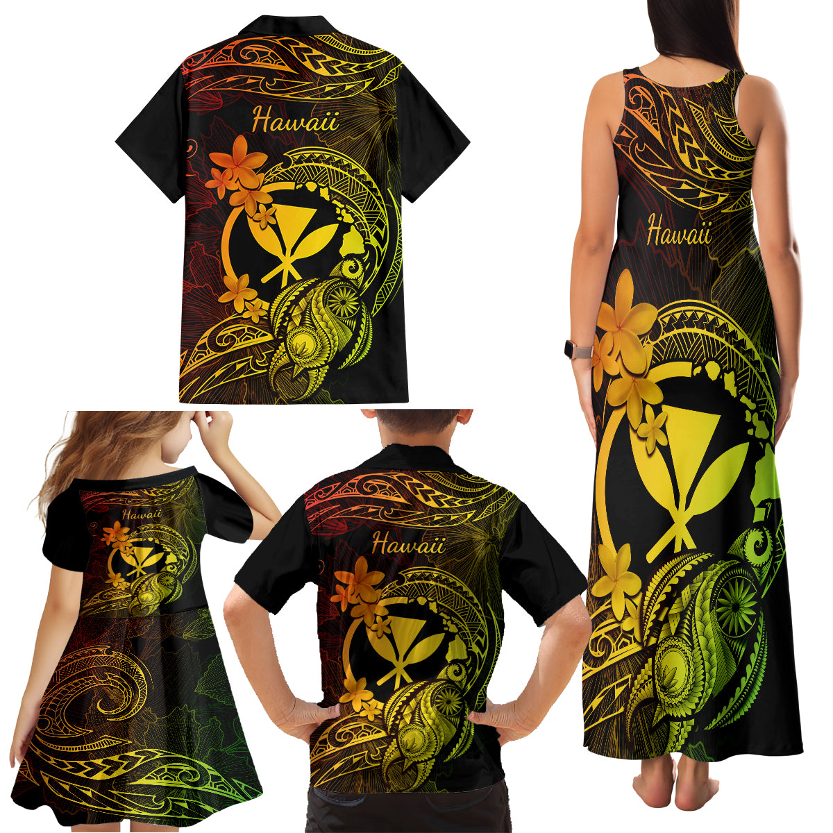 Hawaii Family Matching Tank Maxi Dress and Hawaiian Shirt Turtle Mix Polynesian Plumeria Reggae Version - Wonder Print Shop