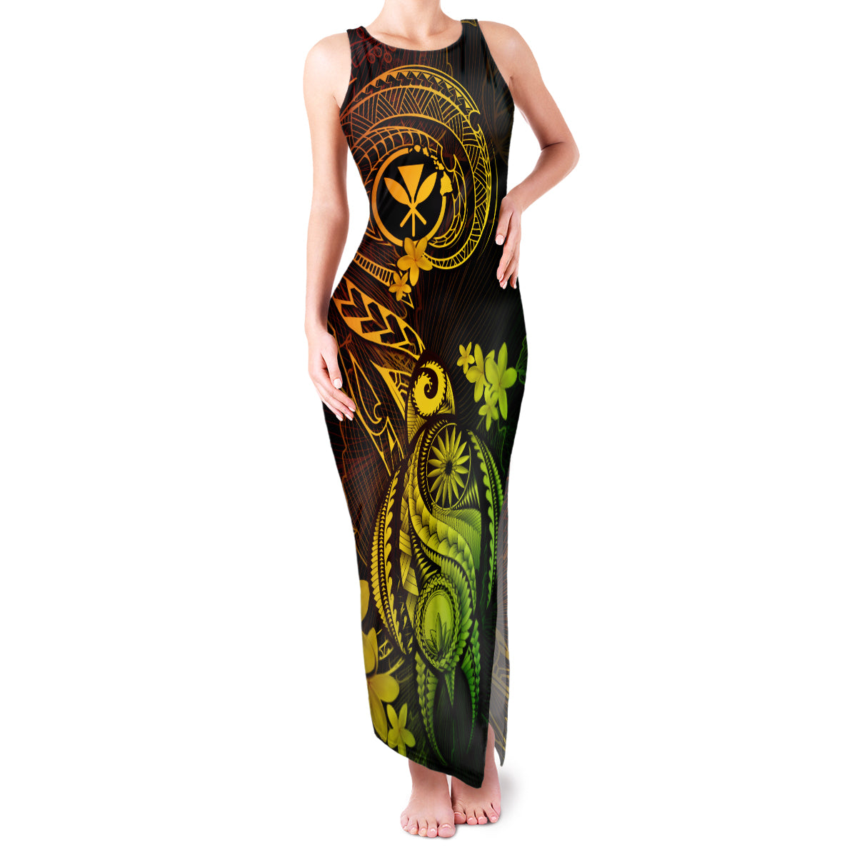 Hawaii Family Matching Tank Maxi Dress and Hawaiian Shirt Turtle Mix Polynesian Plumeria Reggae Version - Wonder Print Shop