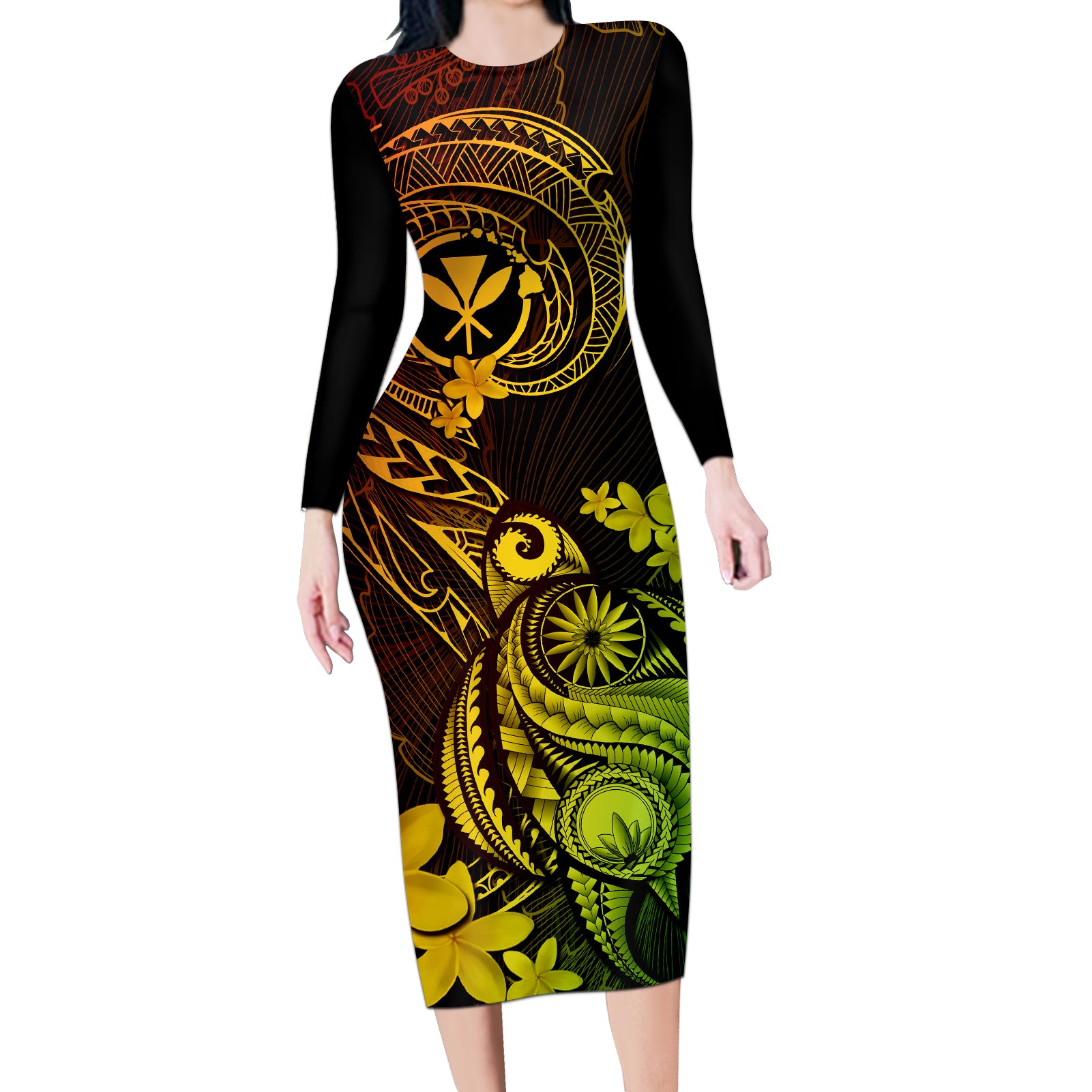 Hawaii Long Sleeve Bodycon Dress Turtle Mix Polynesian Plumeria Reggae Version - Wonder Print Shop