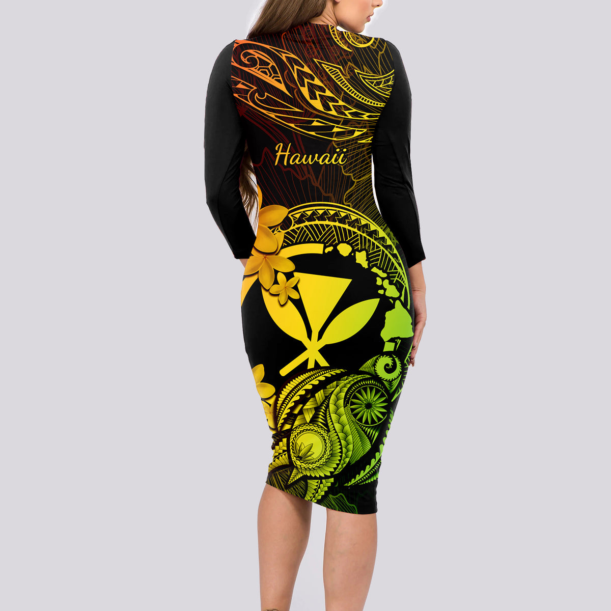 Hawaii Long Sleeve Bodycon Dress Turtle Mix Polynesian Plumeria Reggae Version - Wonder Print Shop
