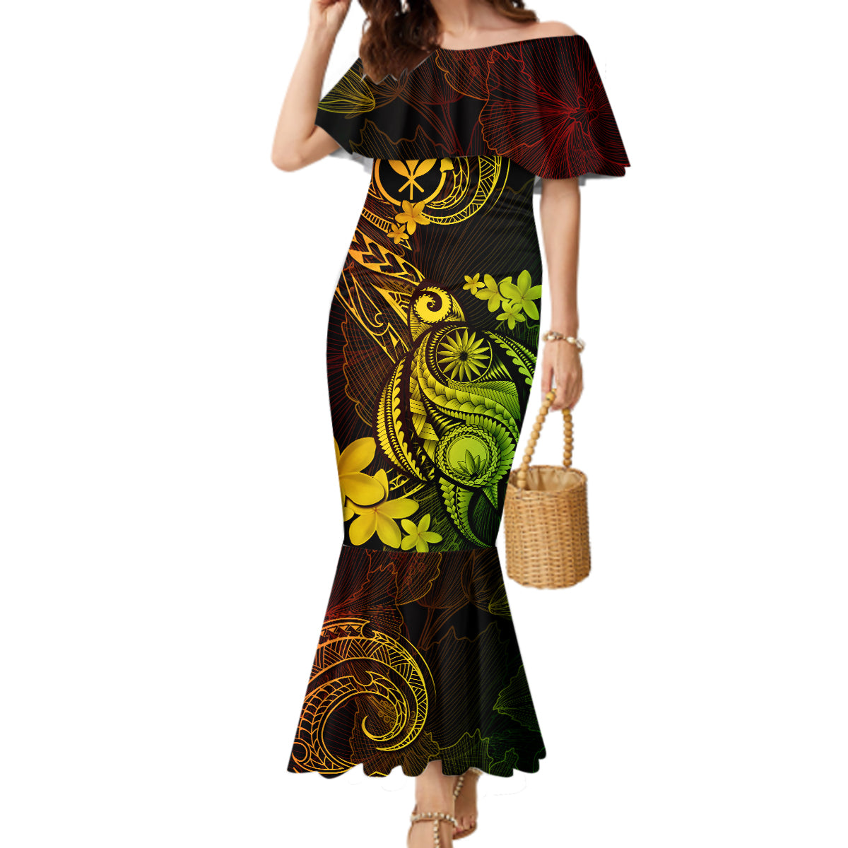 Hawaii Mermaid Dress Turtle Mix Polynesian Plumeria Reggae Version - Wonder Print Shop