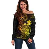 Hawaii Off Shoulder Sweater Turtle Mix Polynesian Plumeria Reggae Version - Wonder Print Shop