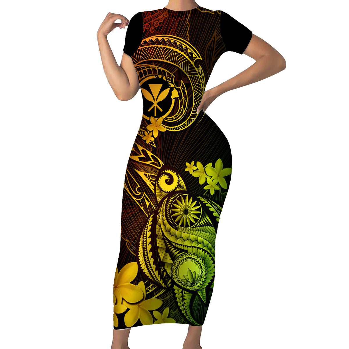 Hawaii Short Sleeve Bodycon Dress Turtle Mix Polynesian Plumeria Reggae Version - Wonder Print Shop
