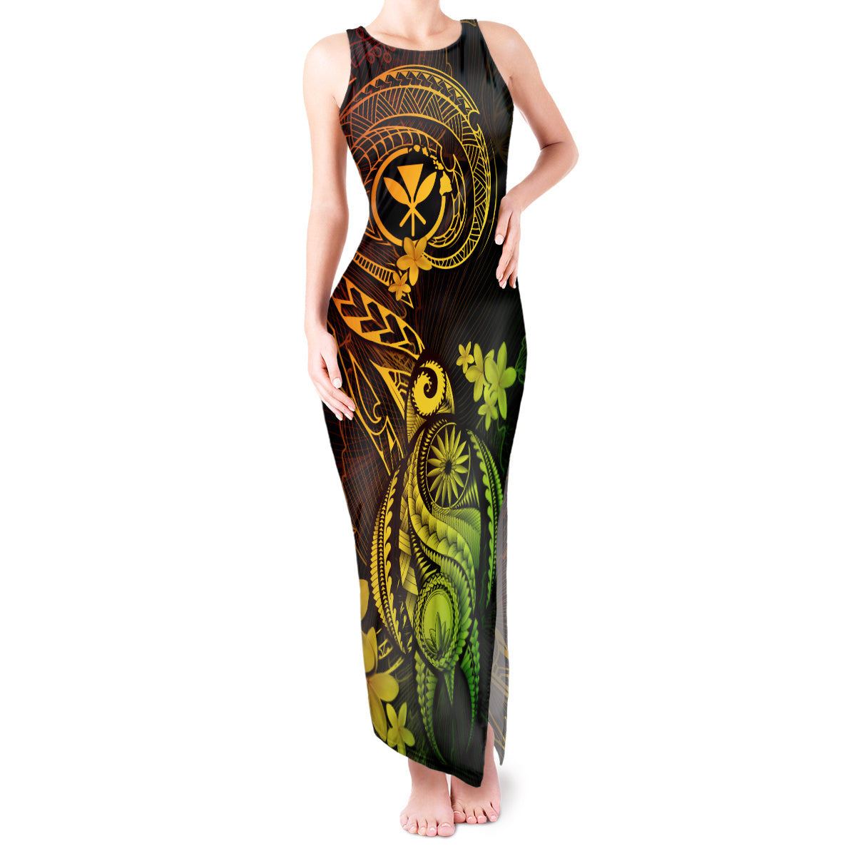 Hawaii Tank Maxi Dress Turtle Mix Polynesian Plumeria Reggae Version - Wonder Print Shop