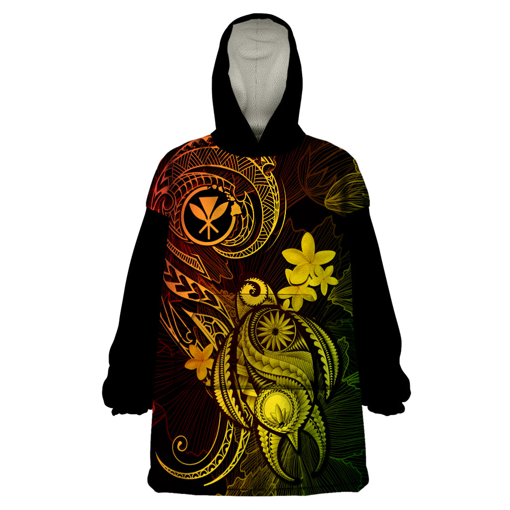 Hawaii Wearable Blanket Hoodie Turtle Mix Polynesian Plumeria Reggae Version - Wonder Print Shop