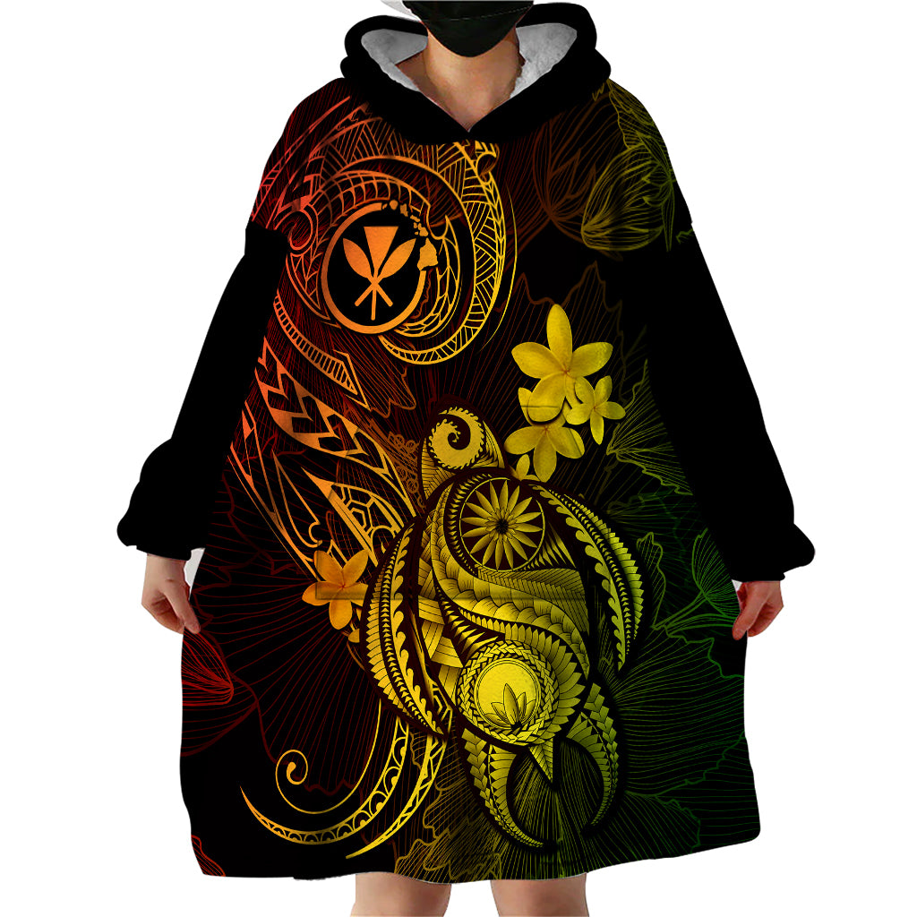 Hawaii Wearable Blanket Hoodie Turtle Mix Polynesian Plumeria Reggae Version - Wonder Print Shop