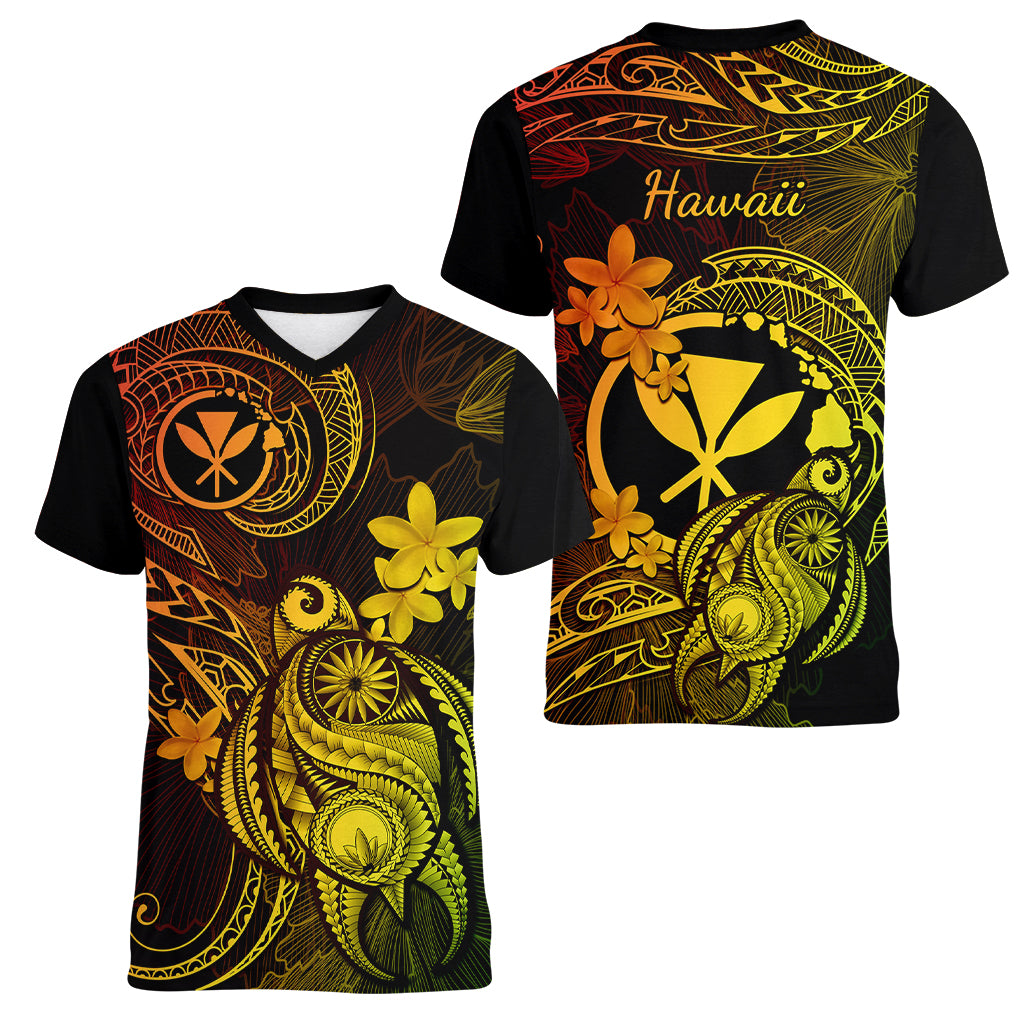 Hawaii Women V Neck T Shirt Turtle Mix Polynesian Plumeria Reggae Version - Wonder Print Shop