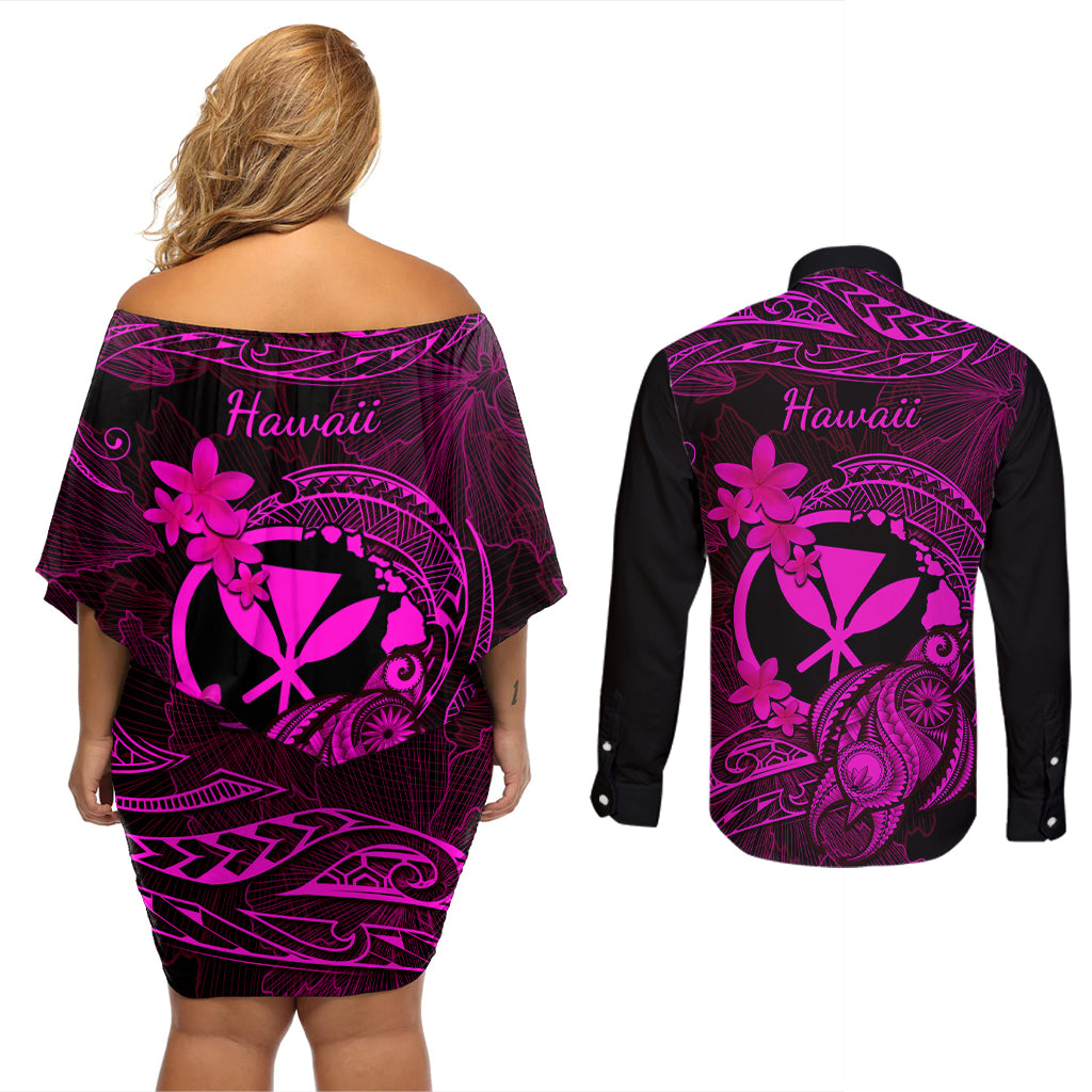 Hawaii Couples Matching Off Shoulder Short Dress and Long Sleeve Button Shirts Turtle Mix Polynesian Plumeria Pink Version - Wonder Print Shop