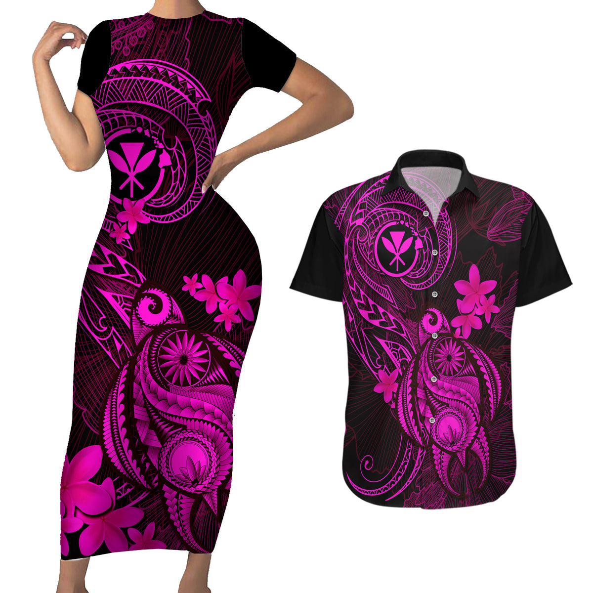 Hawaii Couples Matching Short Sleeve Bodycon Dress and Hawaiian Shirt Turtle Mix Polynesian Plumeria Pink Version - Wonder Print Shop
