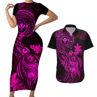 Hawaii Couples Matching Short Sleeve Bodycon Dress and Hawaiian Shirt Turtle Mix Polynesian Plumeria Pink Version - Wonder Print Shop
