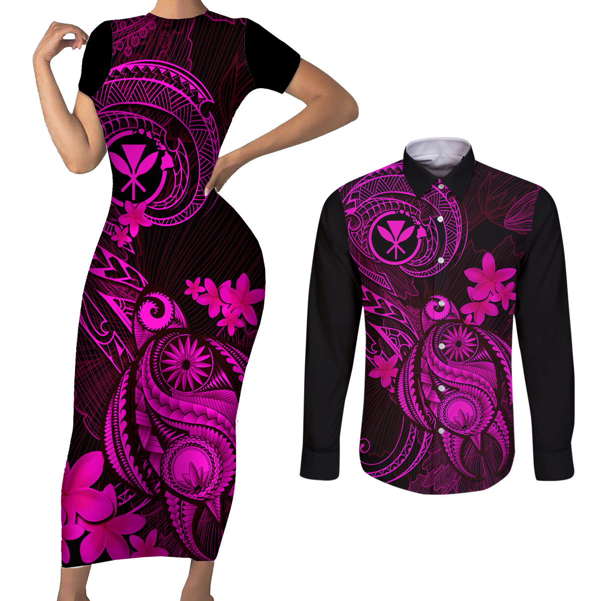 Hawaii Couples Matching Short Sleeve Bodycon Dress and Long Sleeve Button Shirts Turtle Mix Polynesian Plumeria Pink Version - Wonder Print Shop