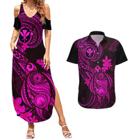 Hawaii Couples Matching Summer Maxi Dress and Hawaiian Shirt Turtle Mix Polynesian Plumeria Pink Version - Wonder Print Shop