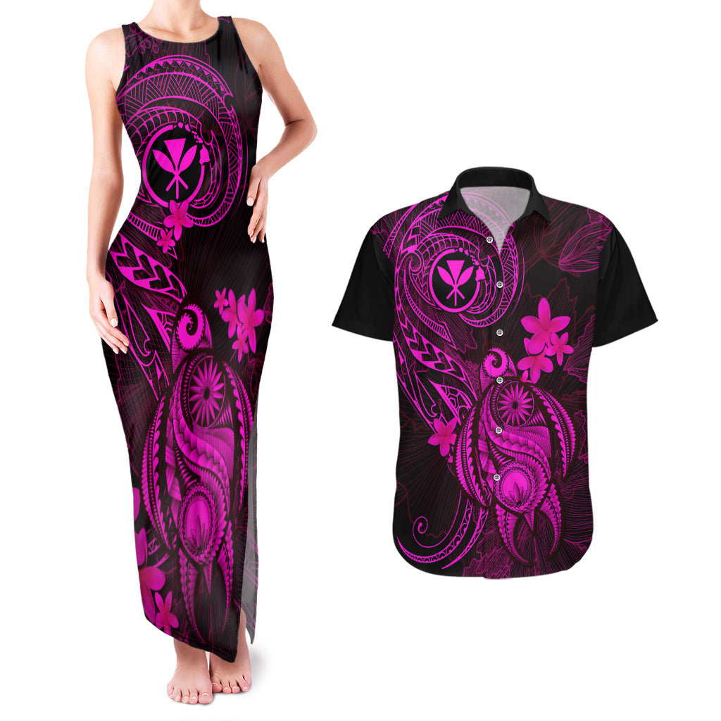 Hawaii Couples Matching Tank Maxi Dress and Hawaiian Shirt Turtle Mix Polynesian Plumeria Pink Version - Wonder Print Shop