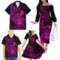 Hawaii Family Matching Off Shoulder Long Sleeve Dress and Hawaiian Shirt Turtle Mix Polynesian Plumeria Pink Version - Wonder Print Shop