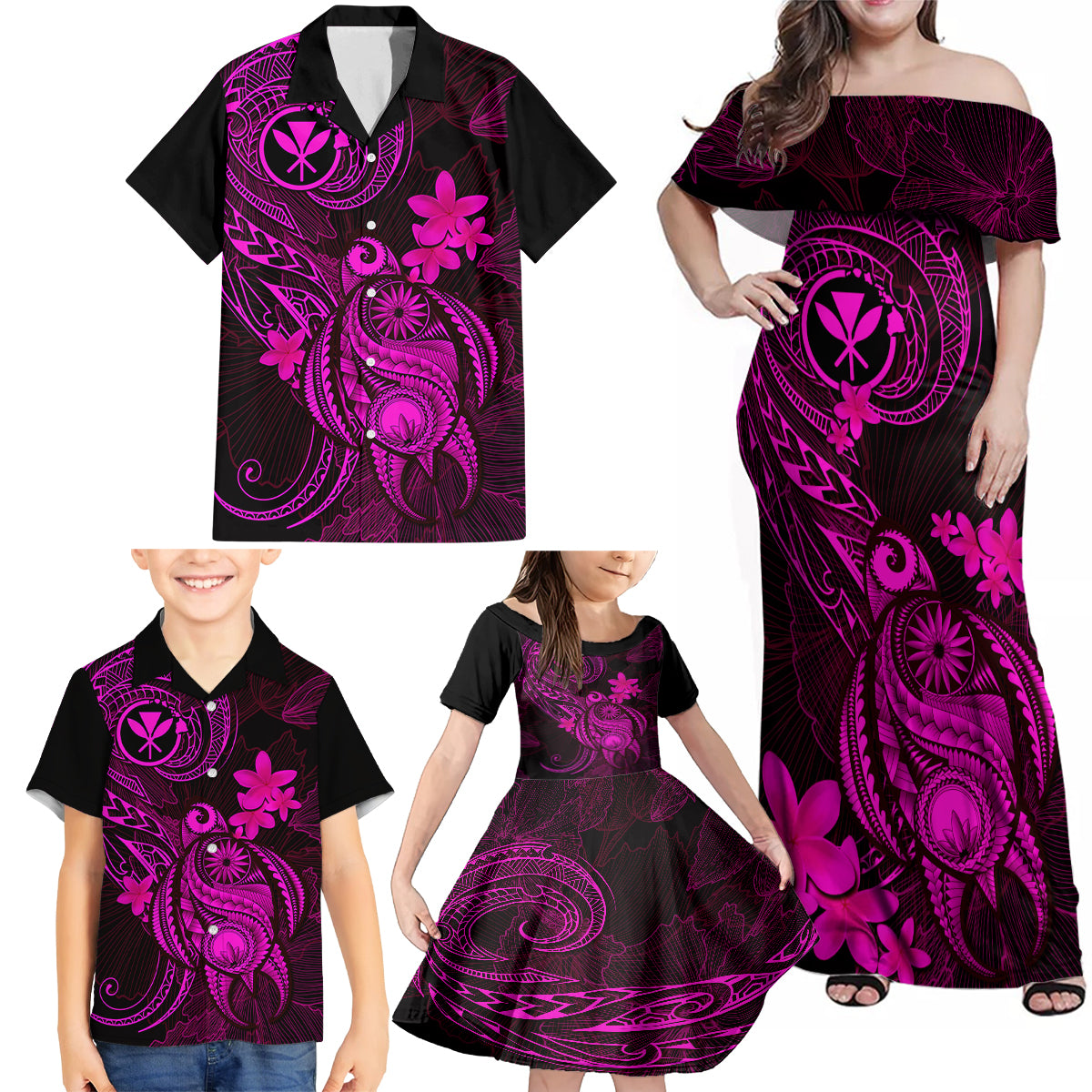 Hawaii Family Matching Off Shoulder Maxi Dress and Hawaiian Shirt Turtle Mix Polynesian Plumeria Pink Version - Wonder Print Shop