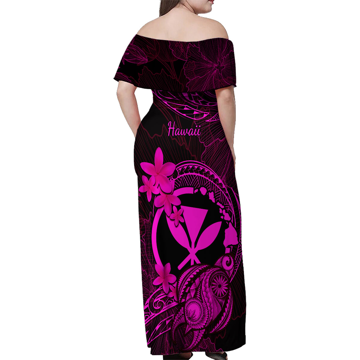 Hawaii Family Matching Off Shoulder Maxi Dress and Hawaiian Shirt Turtle Mix Polynesian Plumeria Pink Version - Wonder Print Shop