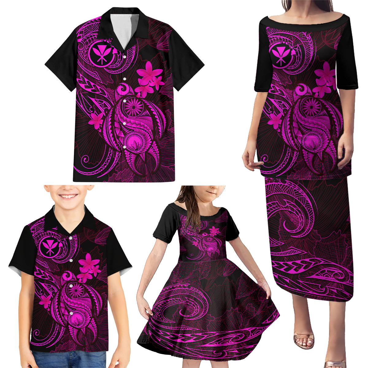 Hawaii Family Matching Puletasi Dress and Hawaiian Shirt Turtle Mix Polynesian Plumeria Pink Version - Wonder Print Shop