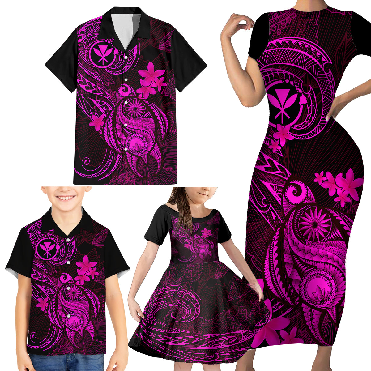Hawaii Family Matching Short Sleeve Bodycon Dress and Hawaiian Shirt Turtle Mix Polynesian Plumeria Pink Version - Wonder Print Shop