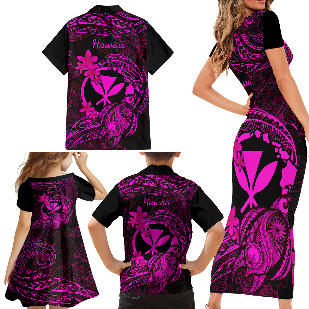 Hawaii Family Matching Short Sleeve Bodycon Dress and Hawaiian Shirt Turtle Mix Polynesian Plumeria Pink Version - Wonder Print Shop