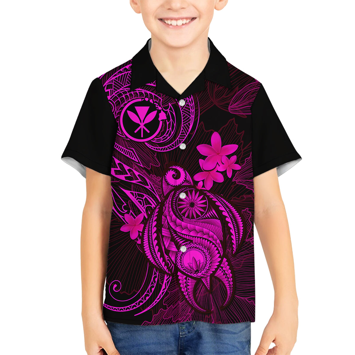 Hawaii Kid Hawaiian Shirt Turtle Mix Polynesian Plumeria Pink Version - Wonder Print Shop
