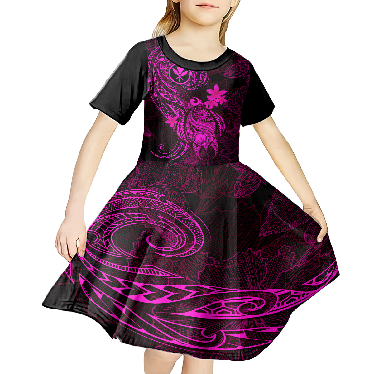 Hawaii Kid Short Sleeve Dress Turtle Mix Polynesian Plumeria Pink Version - Wonder Print Shop