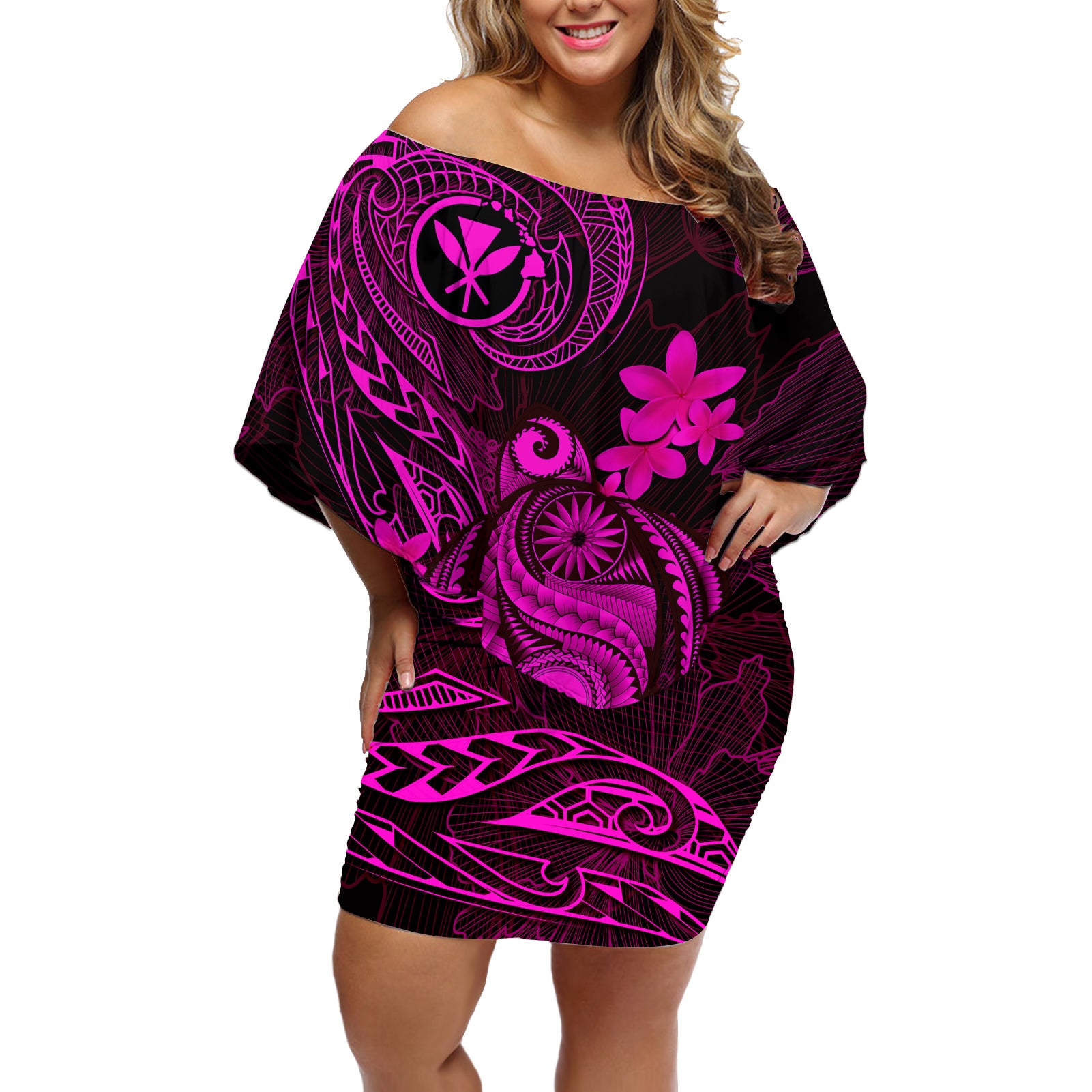 Hawaii Off Shoulder Short Dress Turtle Mix Polynesian Plumeria Pink Version - Wonder Print Shop