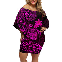 Hawaii Off Shoulder Short Dress Turtle Mix Polynesian Plumeria Pink Version - Wonder Print Shop