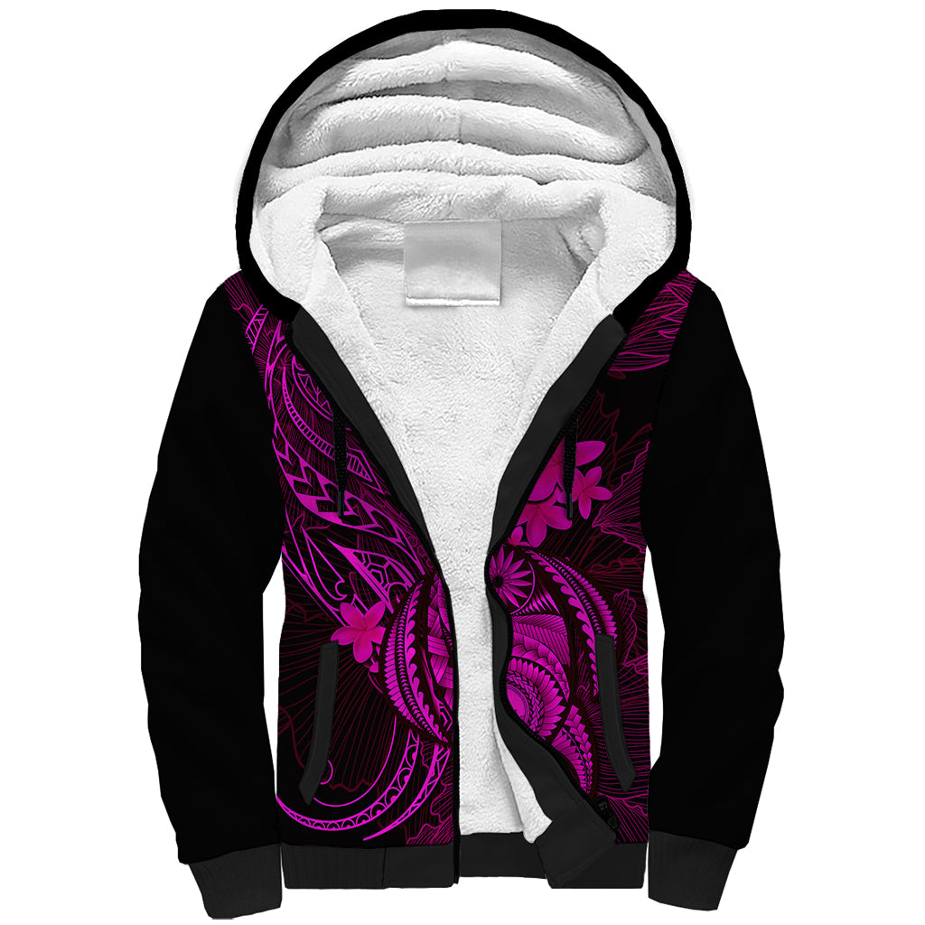 Hawaii Sherpa Hoodie Turtle Mix Polynesian Plumeria Pink Version - Wonder Print Shop