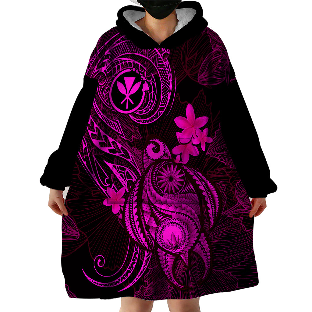 Hawaii Wearable Blanket Hoodie Turtle Mix Polynesian Plumeria Pink Version - Wonder Print Shop
