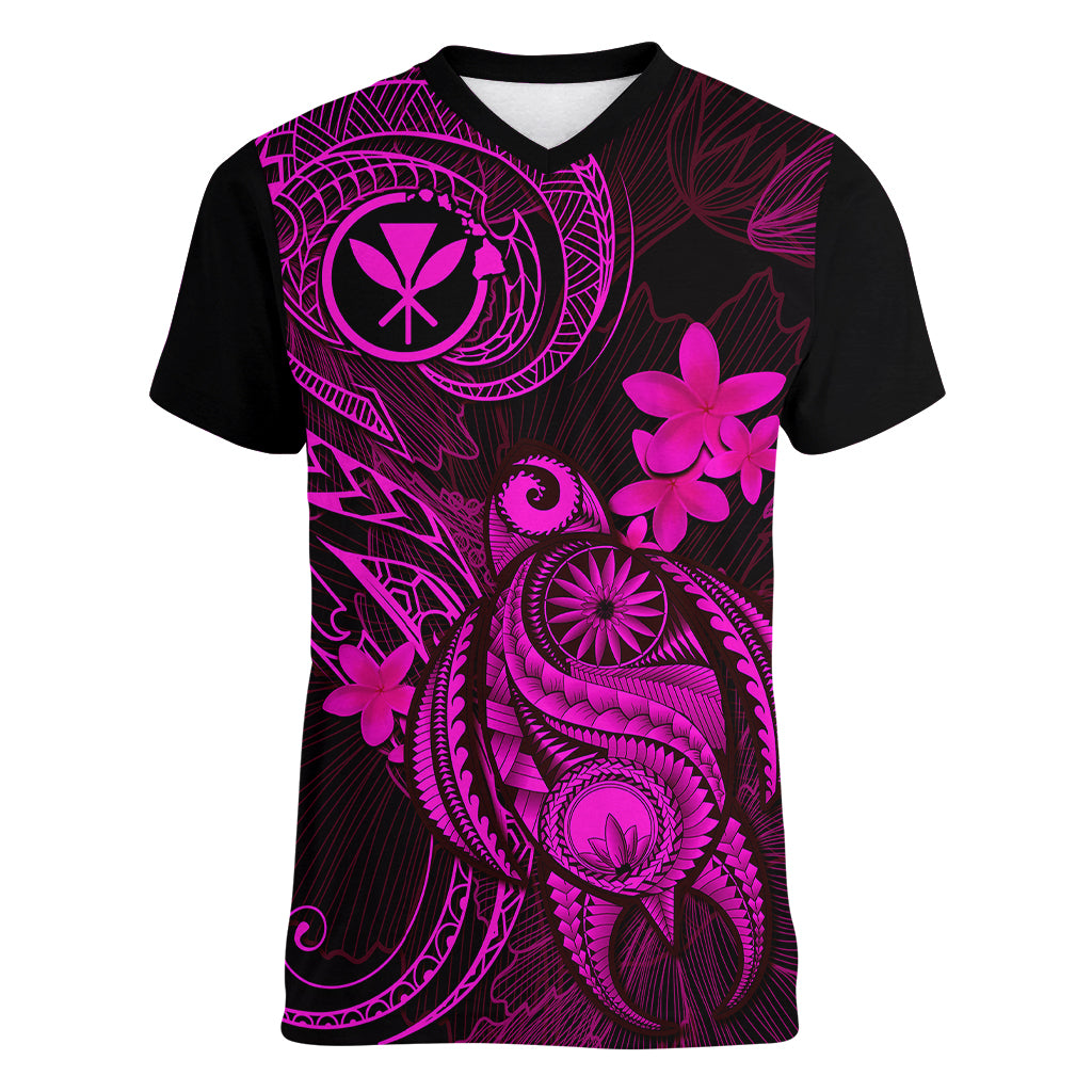 Hawaii Women V Neck T Shirt Turtle Mix Polynesian Plumeria Pink Version - Wonder Print Shop