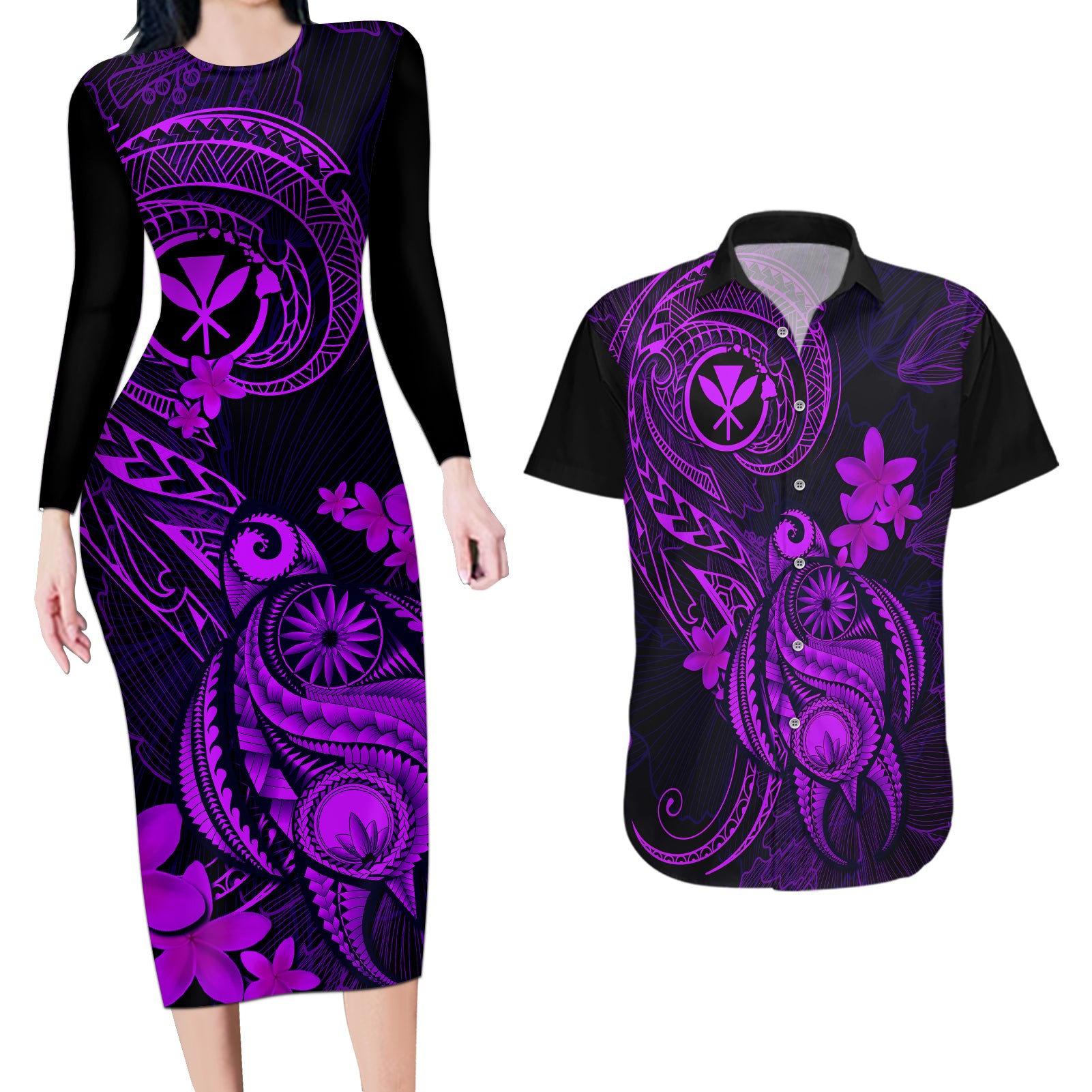 Hawaii Couples Matching Long Sleeve Bodycon Dress and Hawaiian Shirt Turtle Mix Polynesian Plumeria Purple Version - Wonder Print Shop