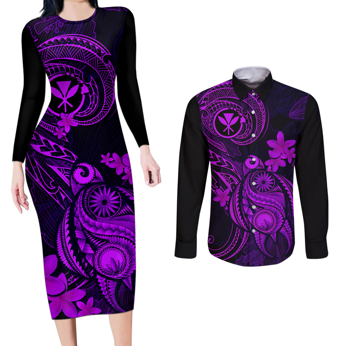 Hawaii Couples Matching Long Sleeve Bodycon Dress and Long Sleeve Button Shirts Turtle Mix Polynesian Plumeria Purple Version - Wonder Print Shop