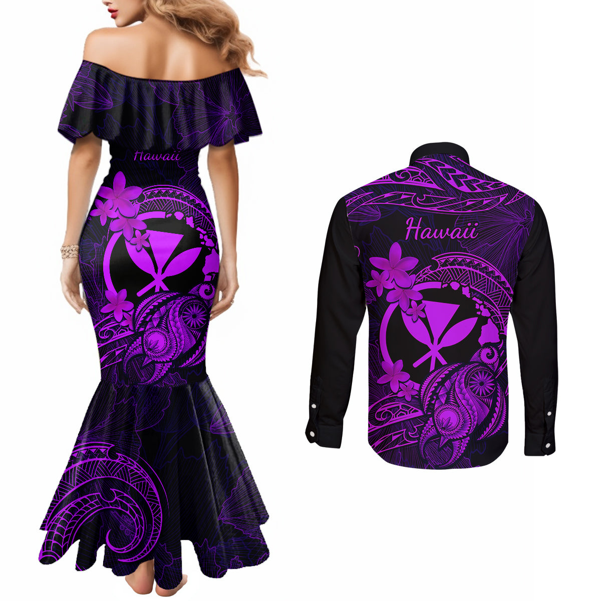 hawaii-couples-matching-mermaid-dress-and-long-sleeve-button-shirts-turtle-mix-polynesian-plumeria-purple-version