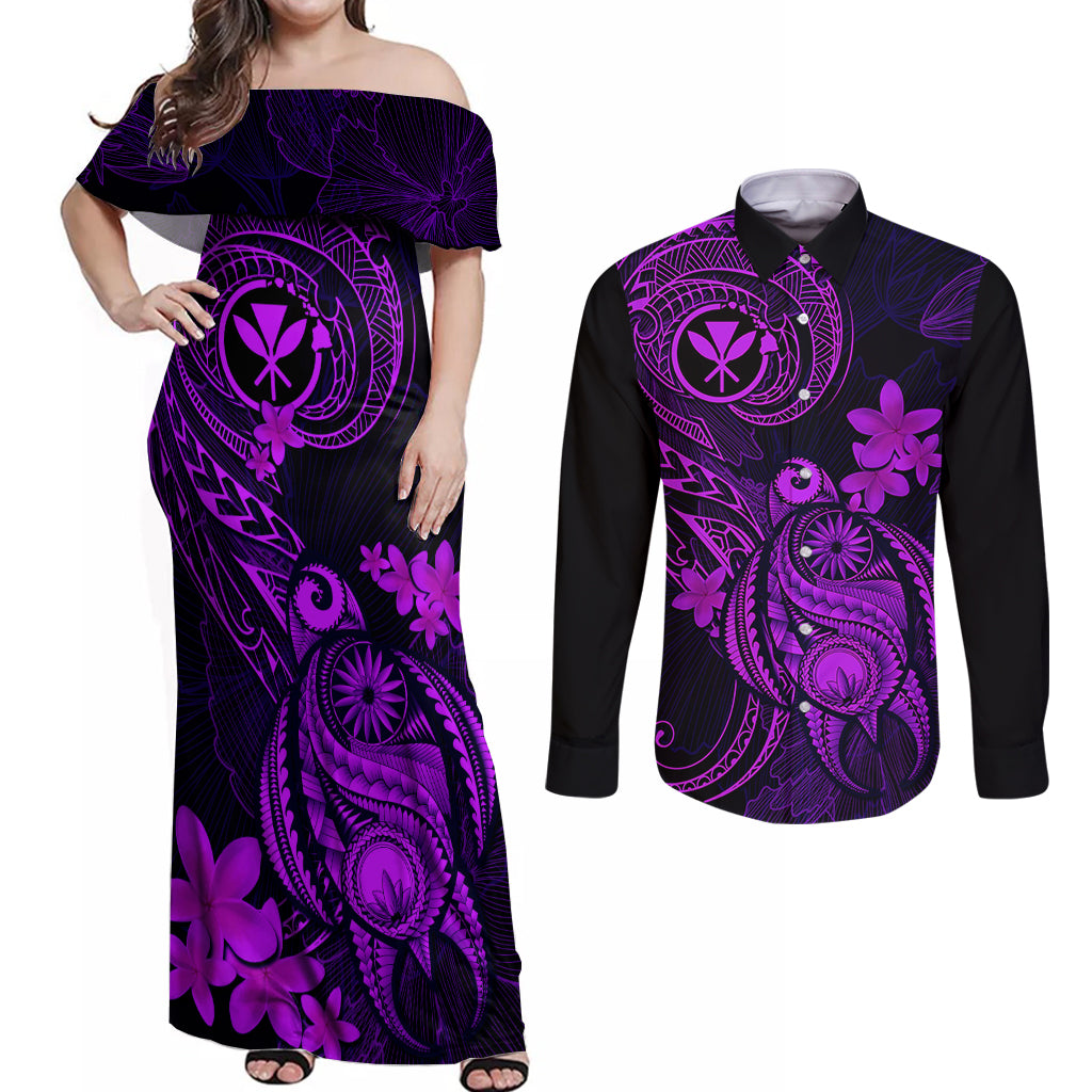 Hawaii Couples Matching Off Shoulder Maxi Dress and Long Sleeve Button Shirts Turtle Mix Polynesian Plumeria Purple Version - Wonder Print Shop