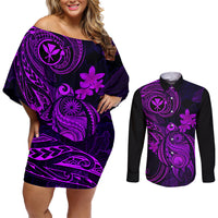 Hawaii Couples Matching Off Shoulder Short Dress and Long Sleeve Button Shirts Turtle Mix Polynesian Plumeria Purple Version - Wonder Print Shop