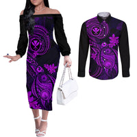 hawaii-couples-matching-off-the-shoulder-long-sleeve-dress-and-long-sleeve-button-shirts-turtle-mix-polynesian-plumeria-purple-version