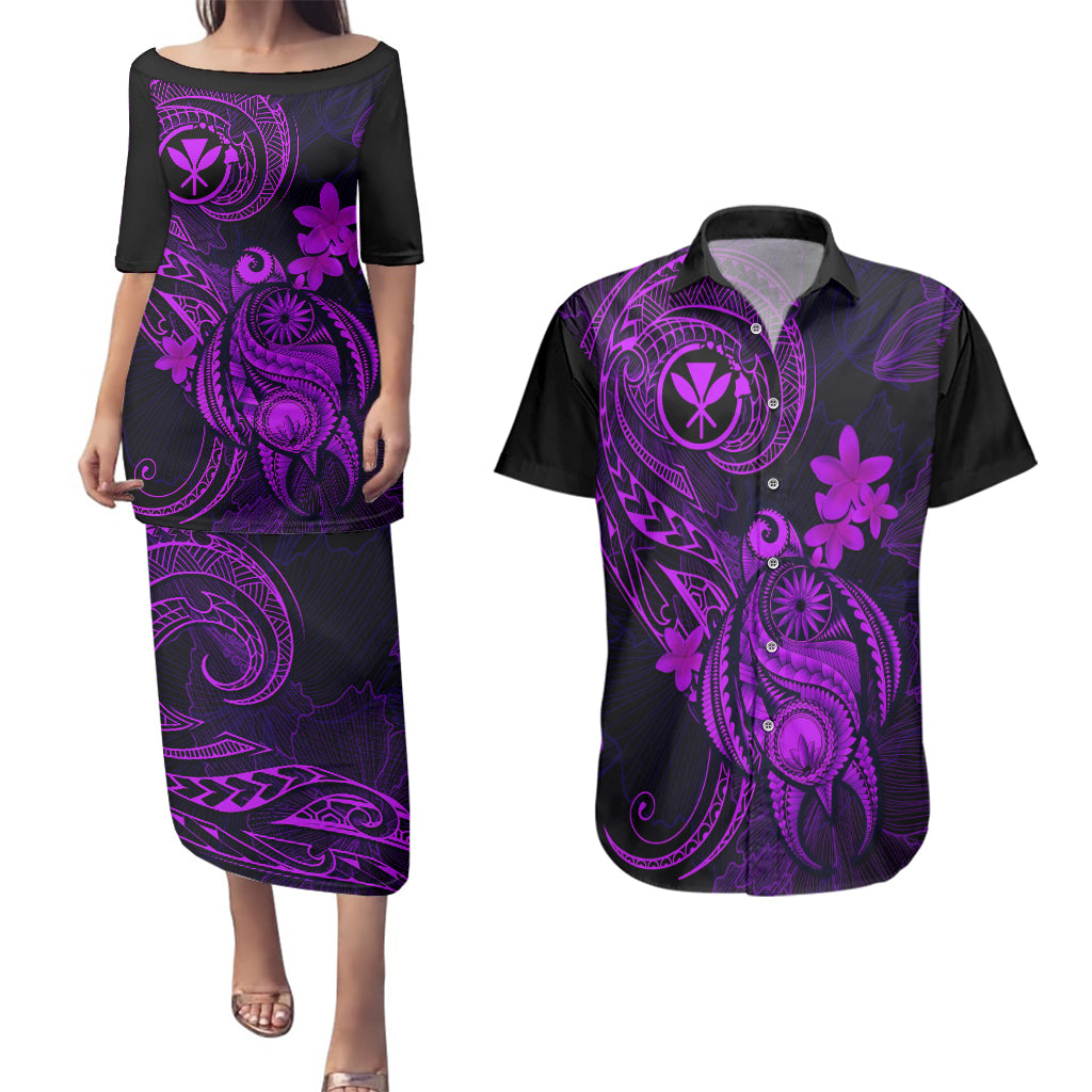 Hawaii Couples Matching Puletasi Dress and Hawaiian Shirt Turtle Mix Polynesian Plumeria Purple Version - Wonder Print Shop