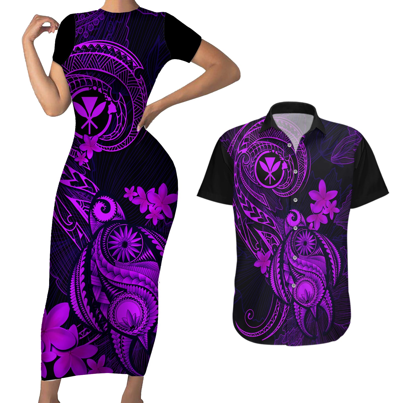 Hawaii Couples Matching Short Sleeve Bodycon Dress and Hawaiian Shirt Turtle Mix Polynesian Plumeria Purple Version - Wonder Print Shop