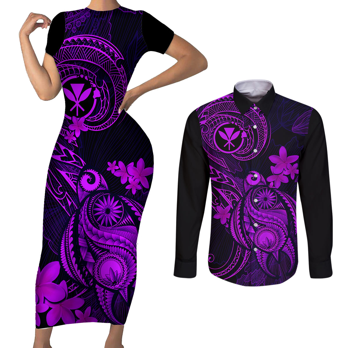 Hawaii Couples Matching Short Sleeve Bodycon Dress and Long Sleeve Button Shirts Turtle Mix Polynesian Plumeria Purple Version - Wonder Print Shop