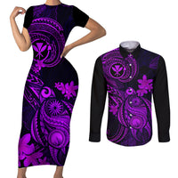 Hawaii Couples Matching Short Sleeve Bodycon Dress and Long Sleeve Button Shirts Turtle Mix Polynesian Plumeria Purple Version - Wonder Print Shop