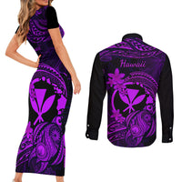 Hawaii Couples Matching Short Sleeve Bodycon Dress and Long Sleeve Button Shirts Turtle Mix Polynesian Plumeria Purple Version - Wonder Print Shop