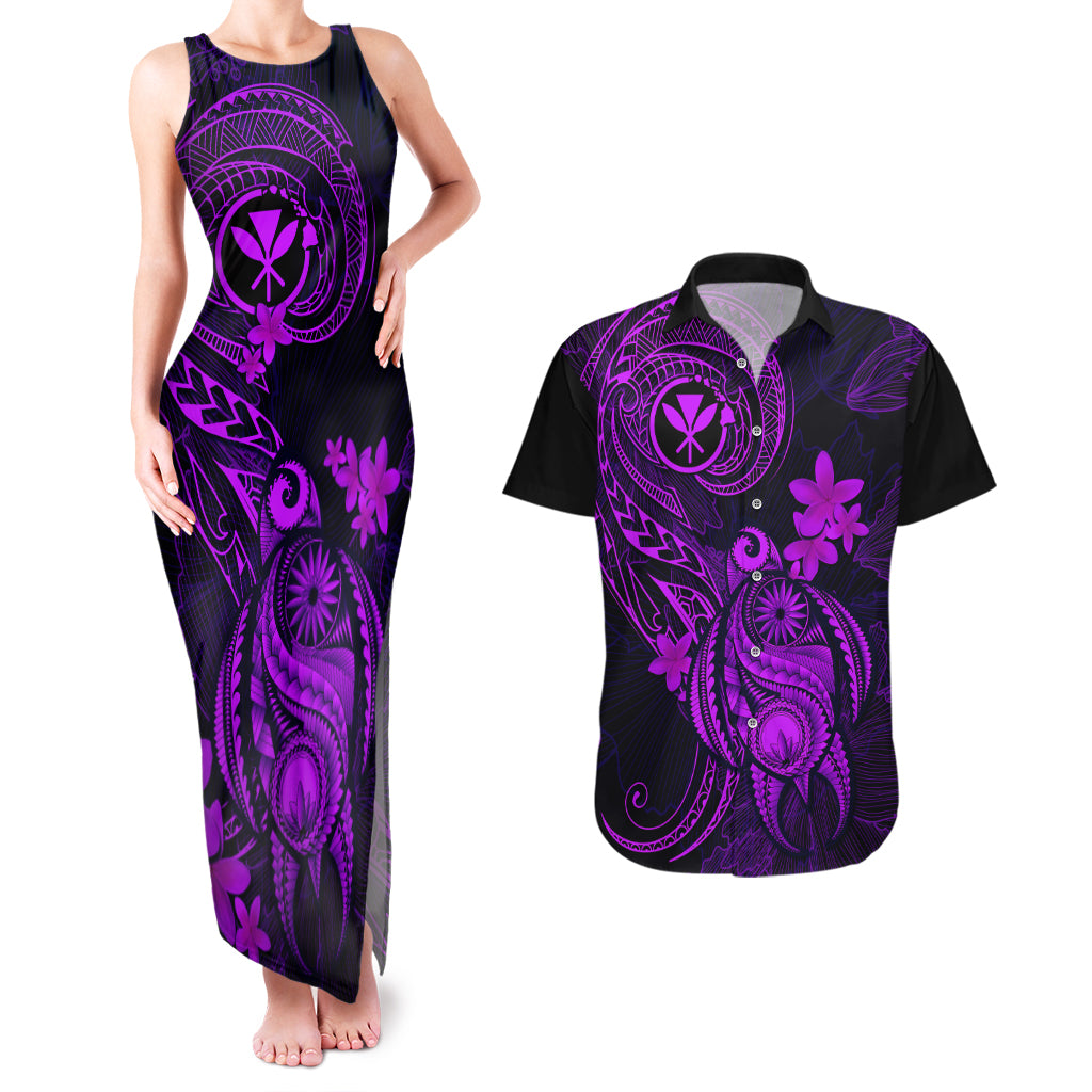 Hawaii Couples Matching Tank Maxi Dress and Hawaiian Shirt Turtle Mix Polynesian Plumeria Purple Version - Wonder Print Shop