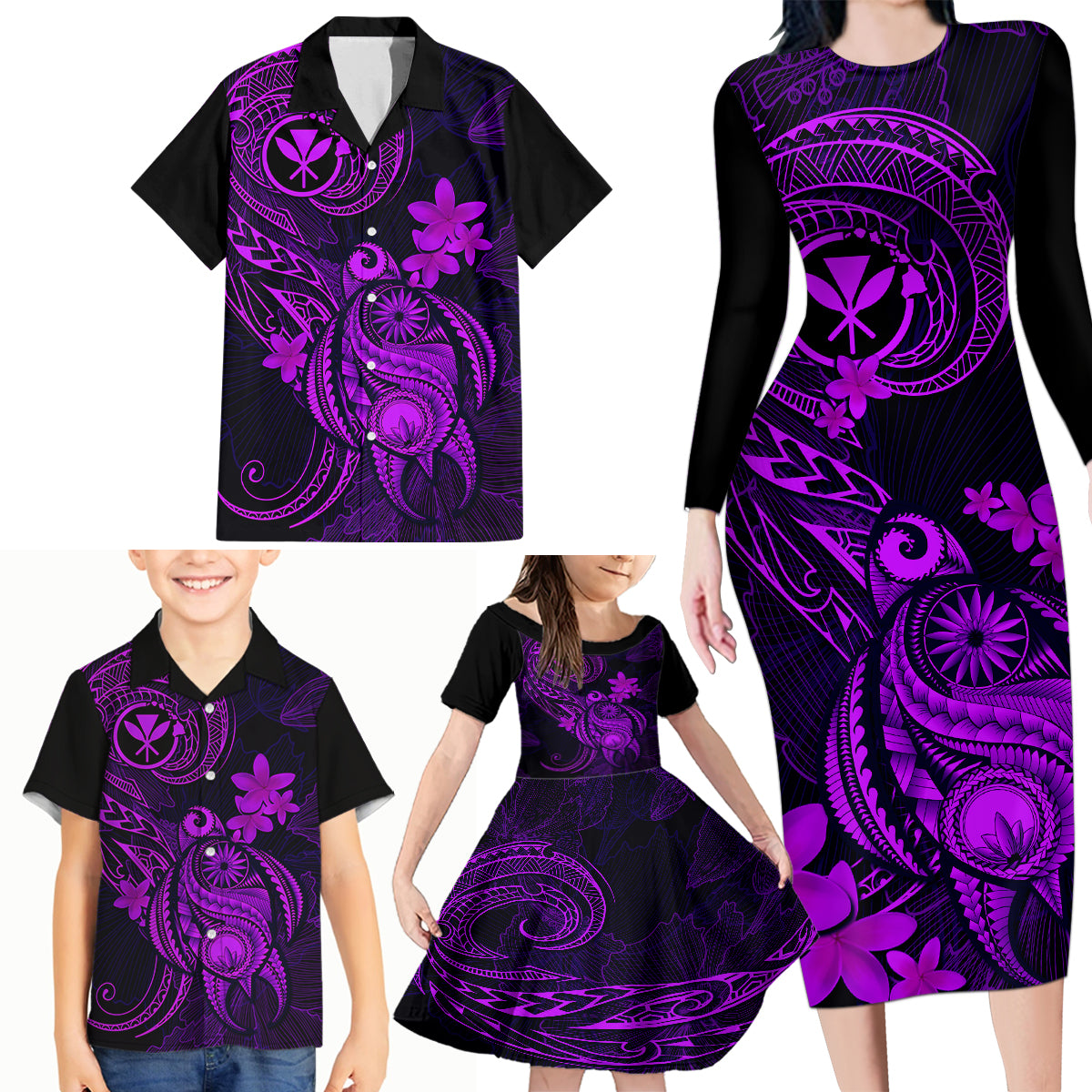 Hawaii Family Matching Long Sleeve Bodycon Dress and Hawaiian Shirt Turtle Mix Polynesian Plumeria Purple Version - Wonder Print Shop