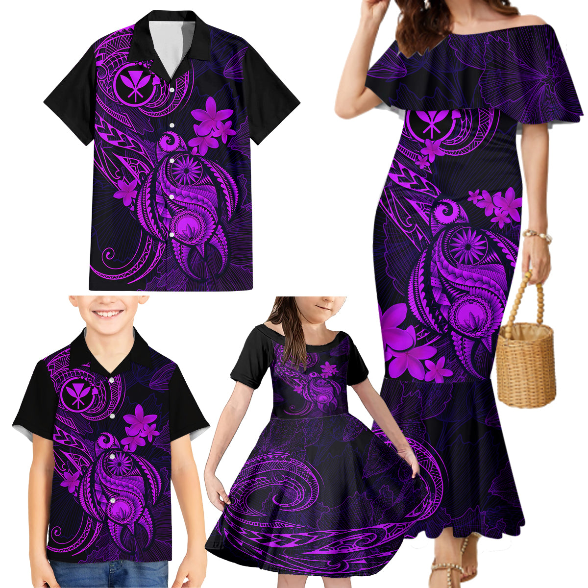 Hawaii Family Matching Mermaid Dress and Hawaiian Shirt Turtle Mix Polynesian Plumeria Purple Version - Wonder Print Shop